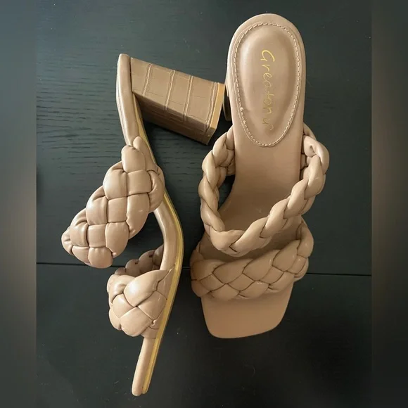 Greatonu Braided 3.35” Heels in white, cream, and tan - Picture 2 of 12